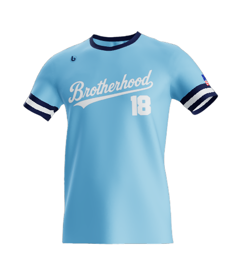 Powder blue Brotherhood baseball jersey with navy sleeve stripes and number 18