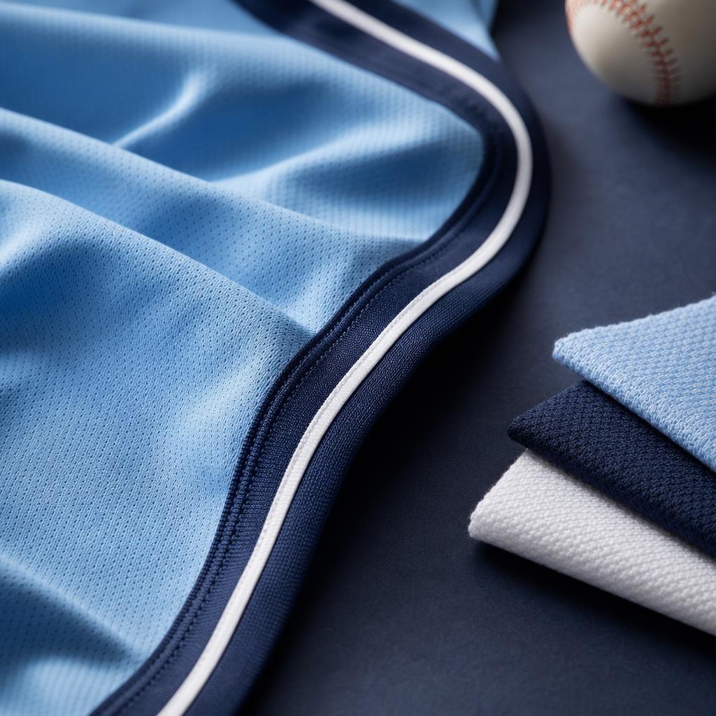 Editorial close-up of powder-blue sportswear fabric, navy-and-white piping, and color swatches